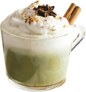 An image of a chai matcha latte in a clear mug, garnished with cinnamon and star anise.